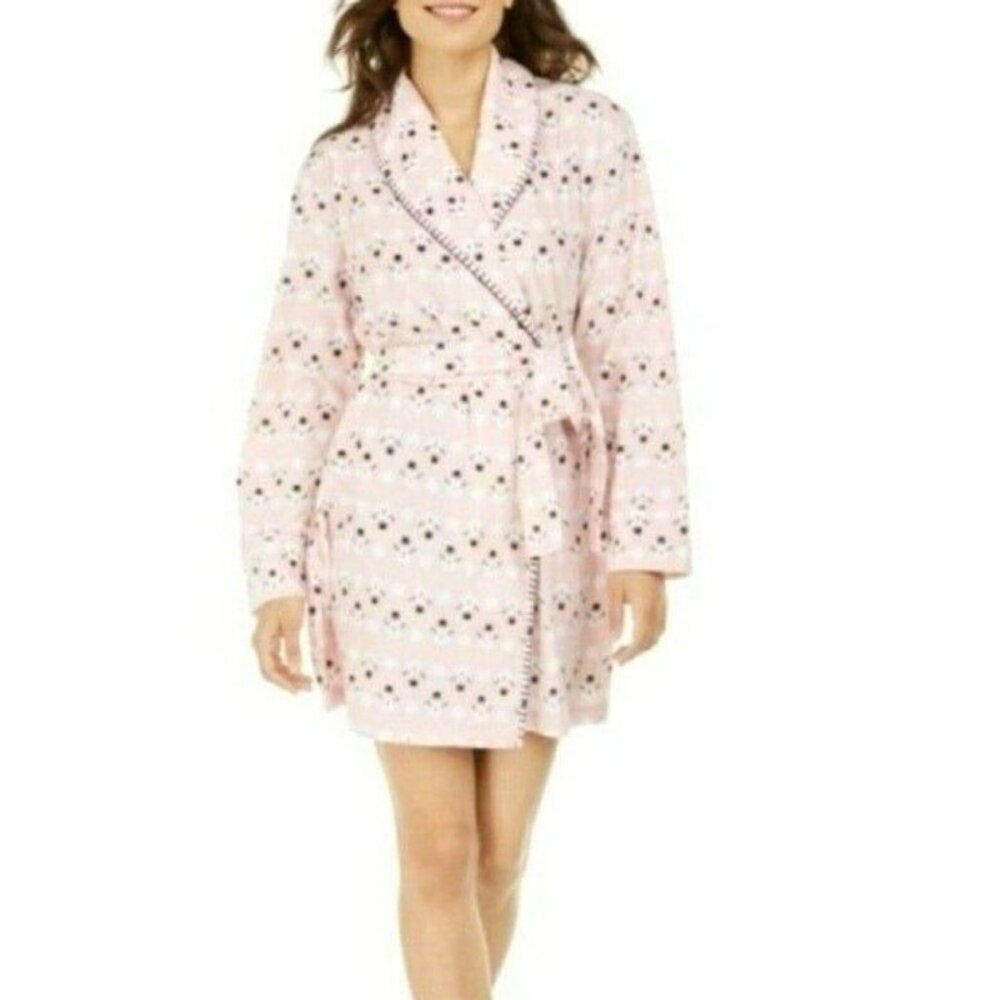 Mukluks Womens Short Robe Plush Fleece L/S Pink Snowman Print Size Large New